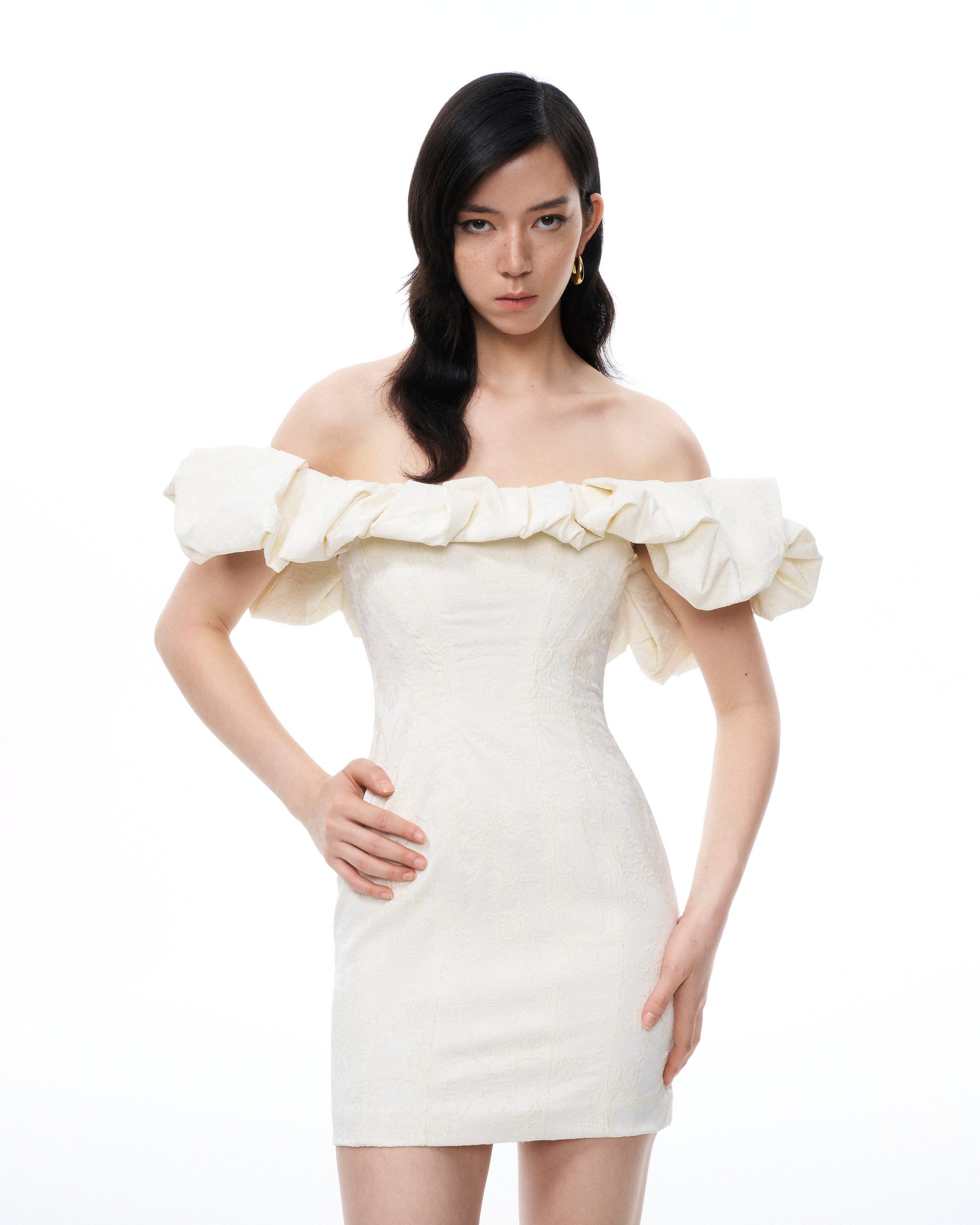 Althea Clouds Shoulders Floral Embroidered Mini Dress - White