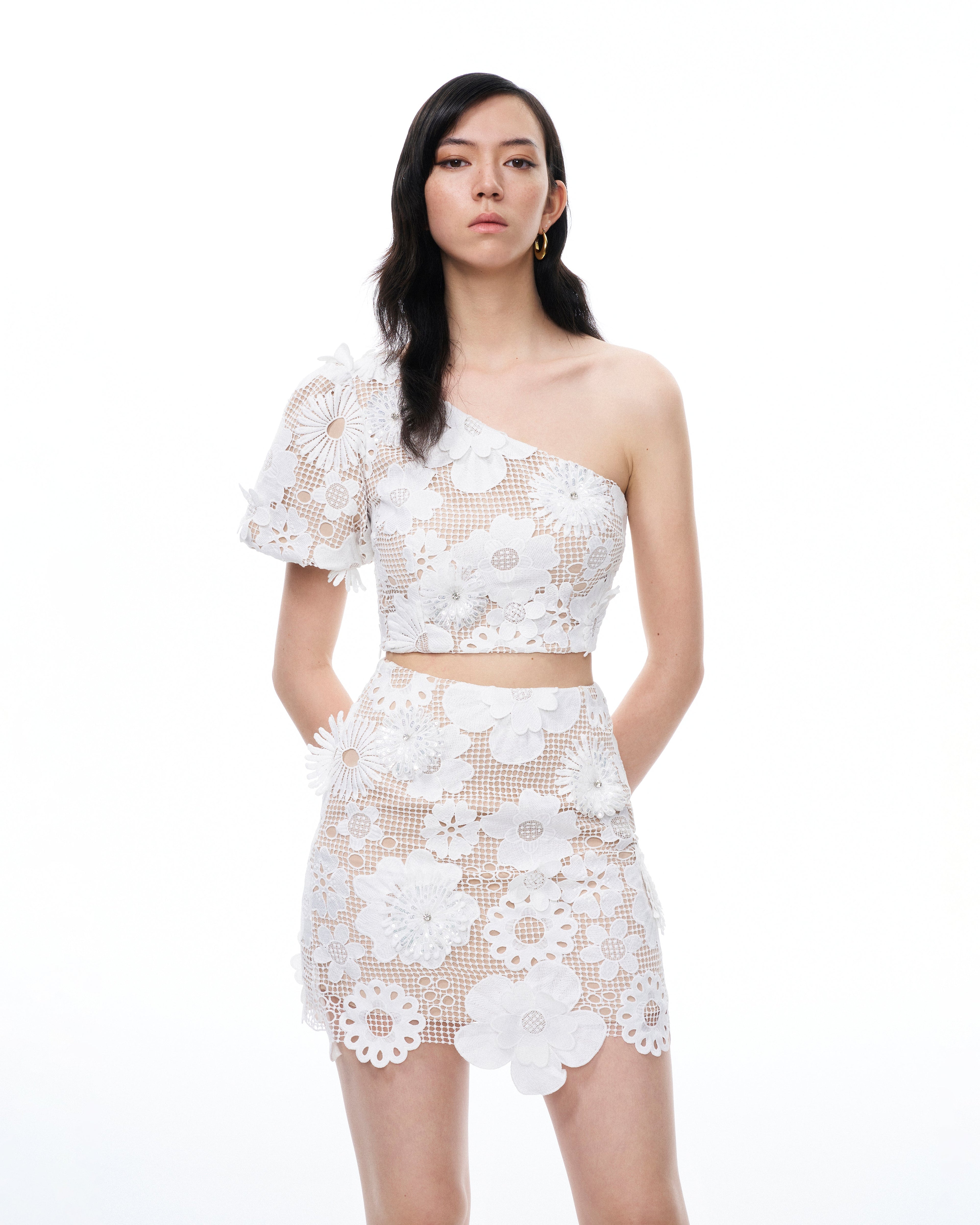 Ophelia One-shoulder Embroidered Iace Dress Suit - White