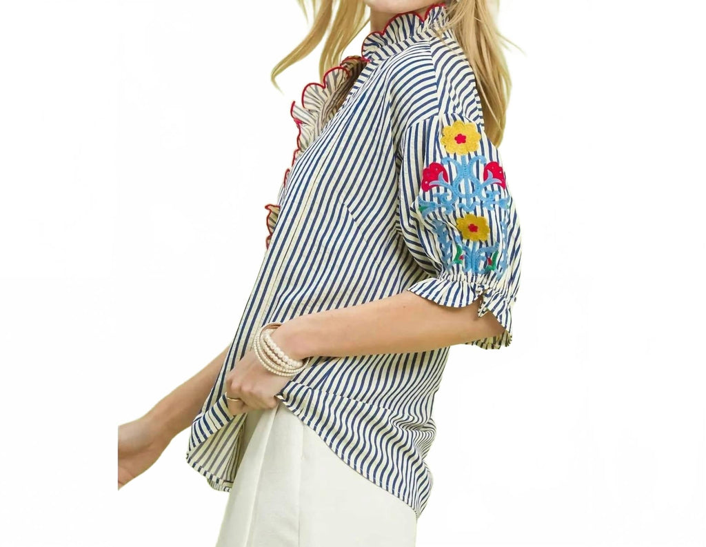 Embroidered Ruffle Trim Stripe Blouse In Blue