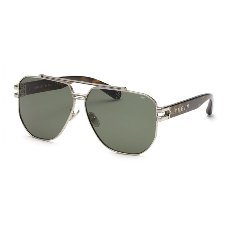 Philipp Plein Sunglasses Square Full Rim, Palladium Frame And Green Lens Spp1850K07