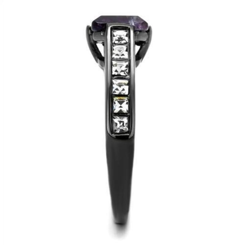 IP Light Black Stainless Steel Ring with Precious Stone Amethyst Crystal in Amethyst