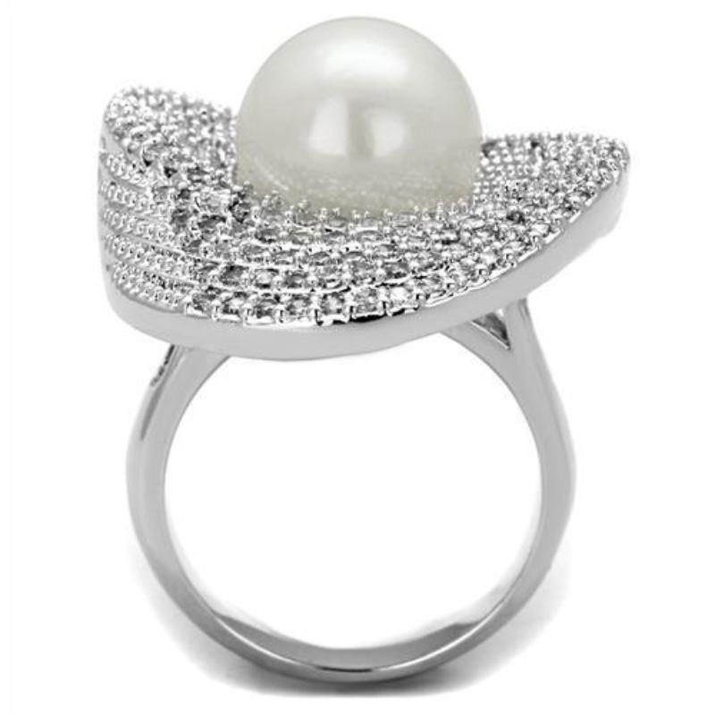 Rhodium Brass Ring with Synthetic Pearl in White
