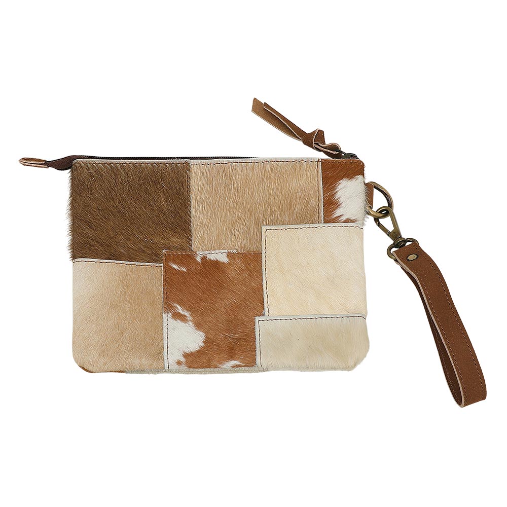 Genuine Leather Cowhide Calf Fur Patchwork Wristlet Pouch Clutch Bag