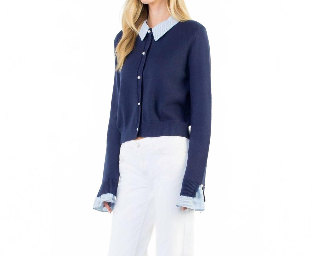 Pearl Button Mixed Media Collared Knit Top In Blue