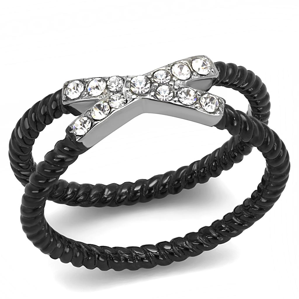 Two-Tone IP Black (Ion Plating) Stainless Steel Ring with Top Grade Crystal in Clear