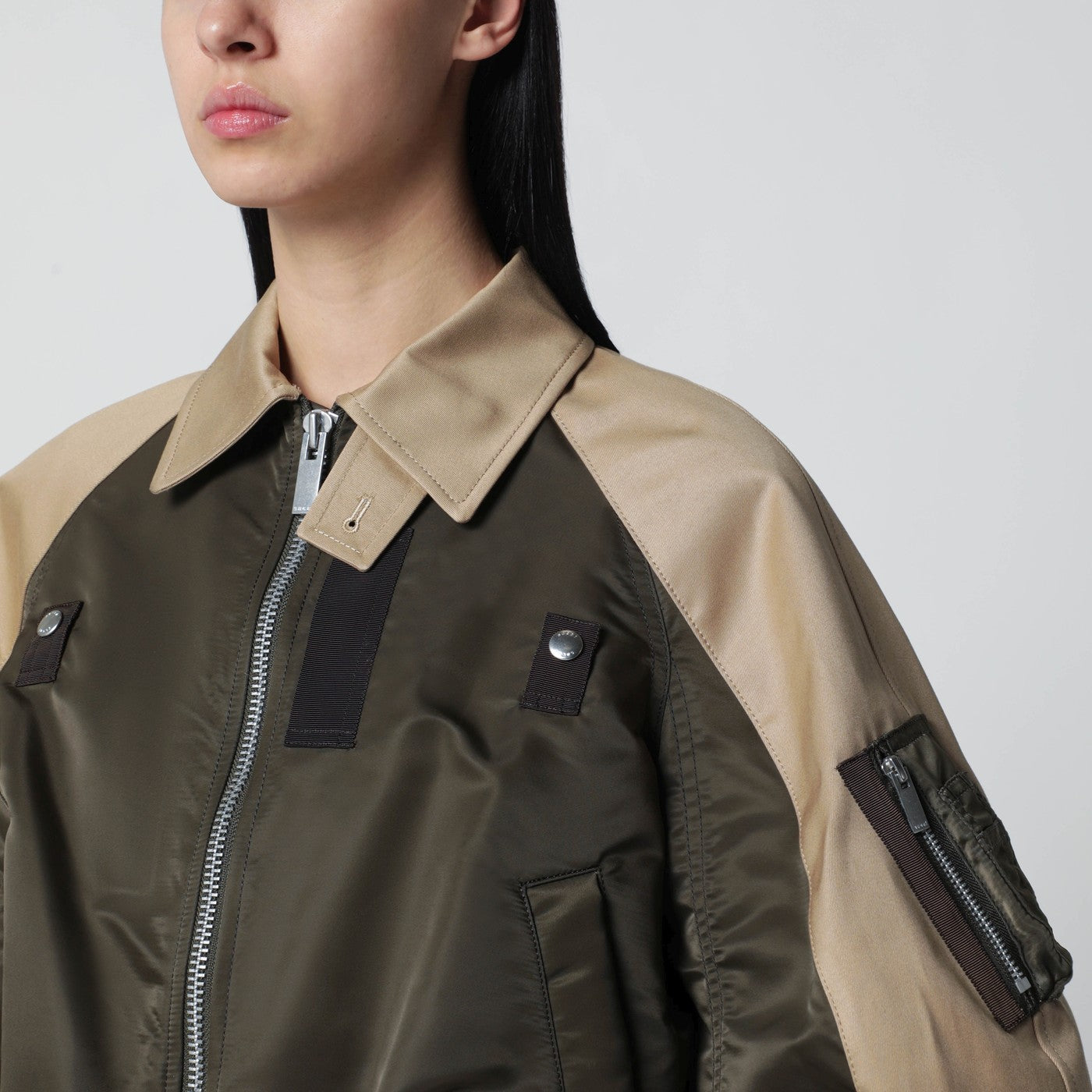 Sacai Khaki Green/Beige Nylon Zip Jacket Women