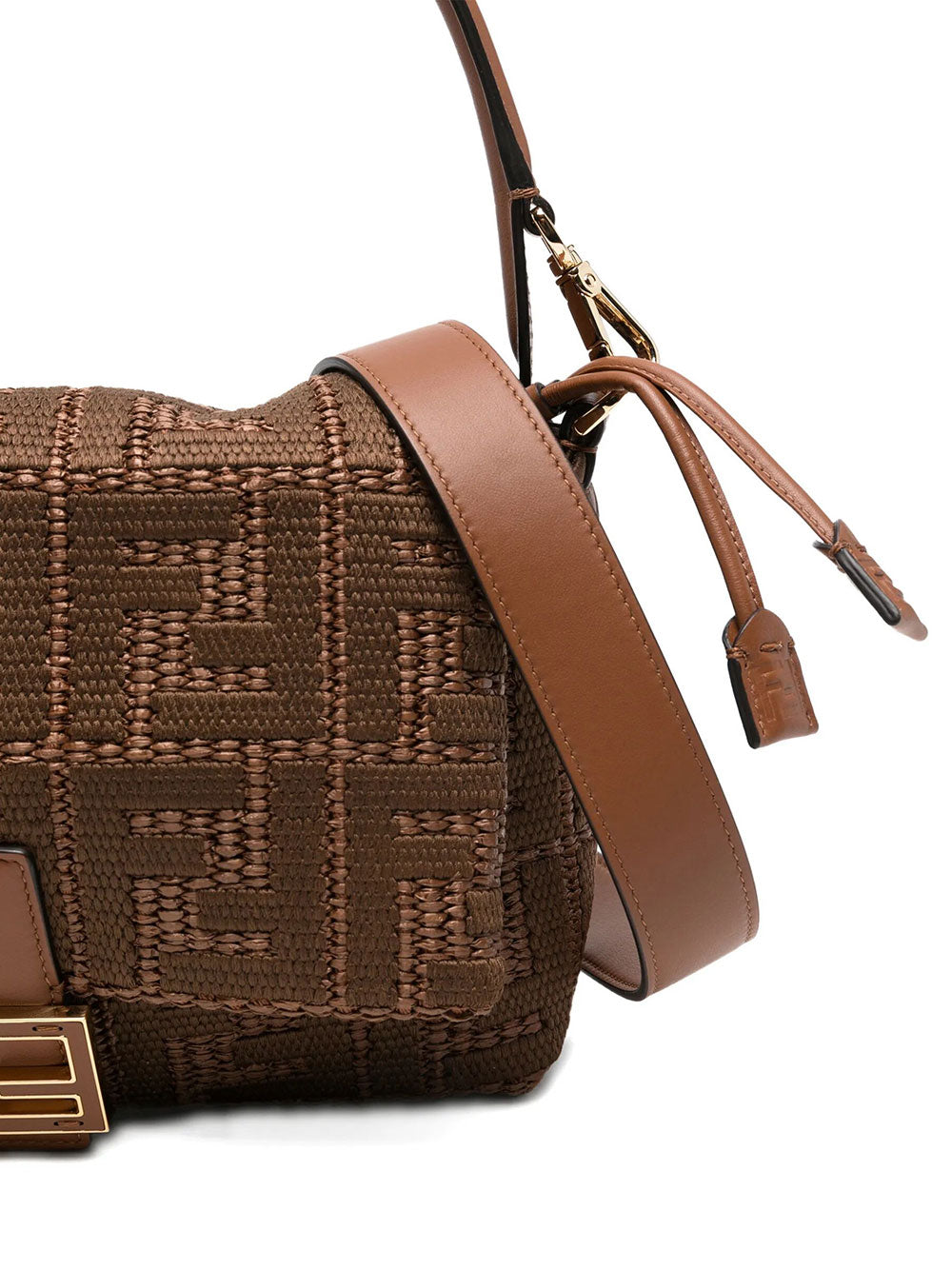 Fendi Women Mamma Baguette Medium Sellier Brown Raffia-Effect Woven Bag With Ff Embroidery