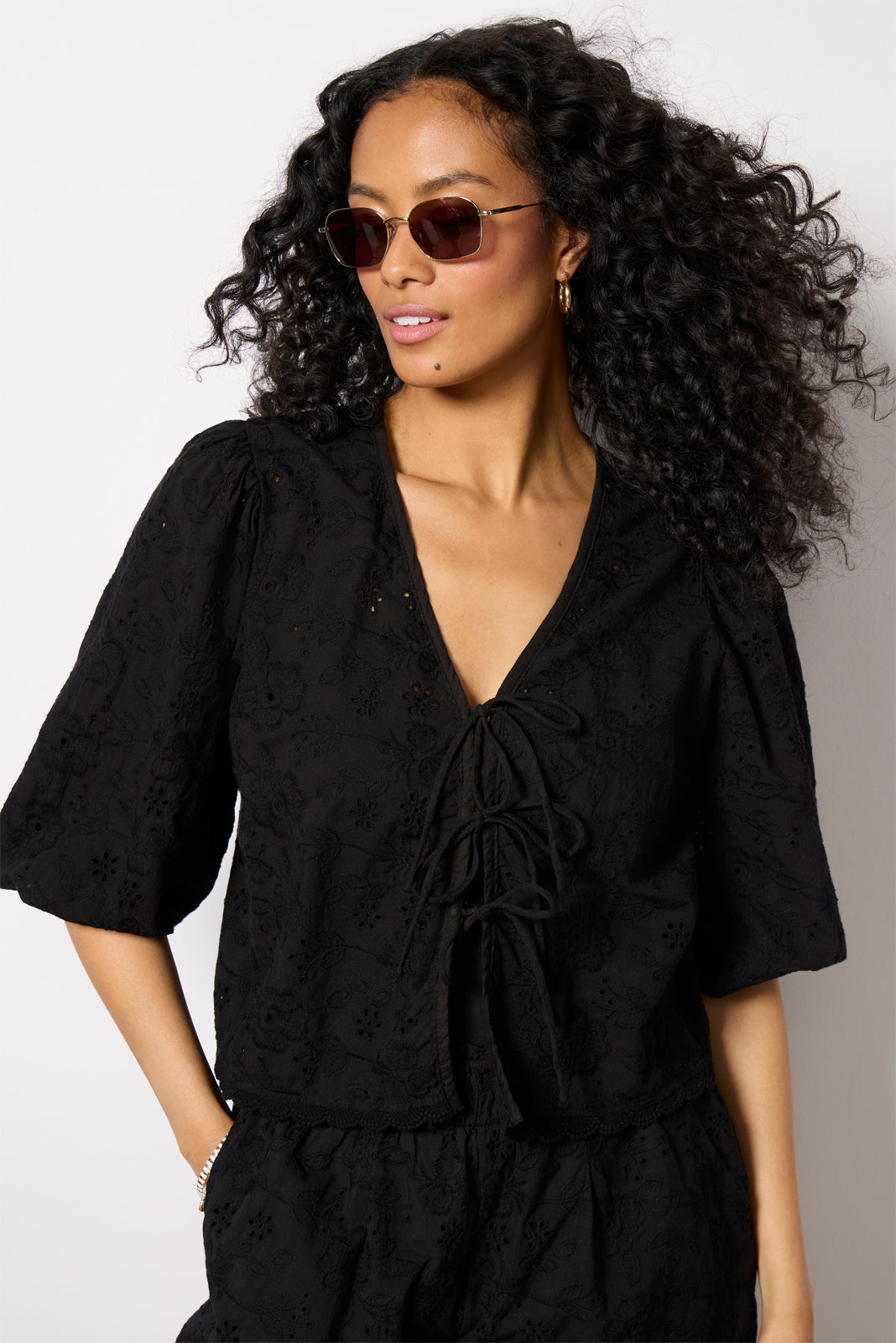 Women's Tie Front Eyelet Top