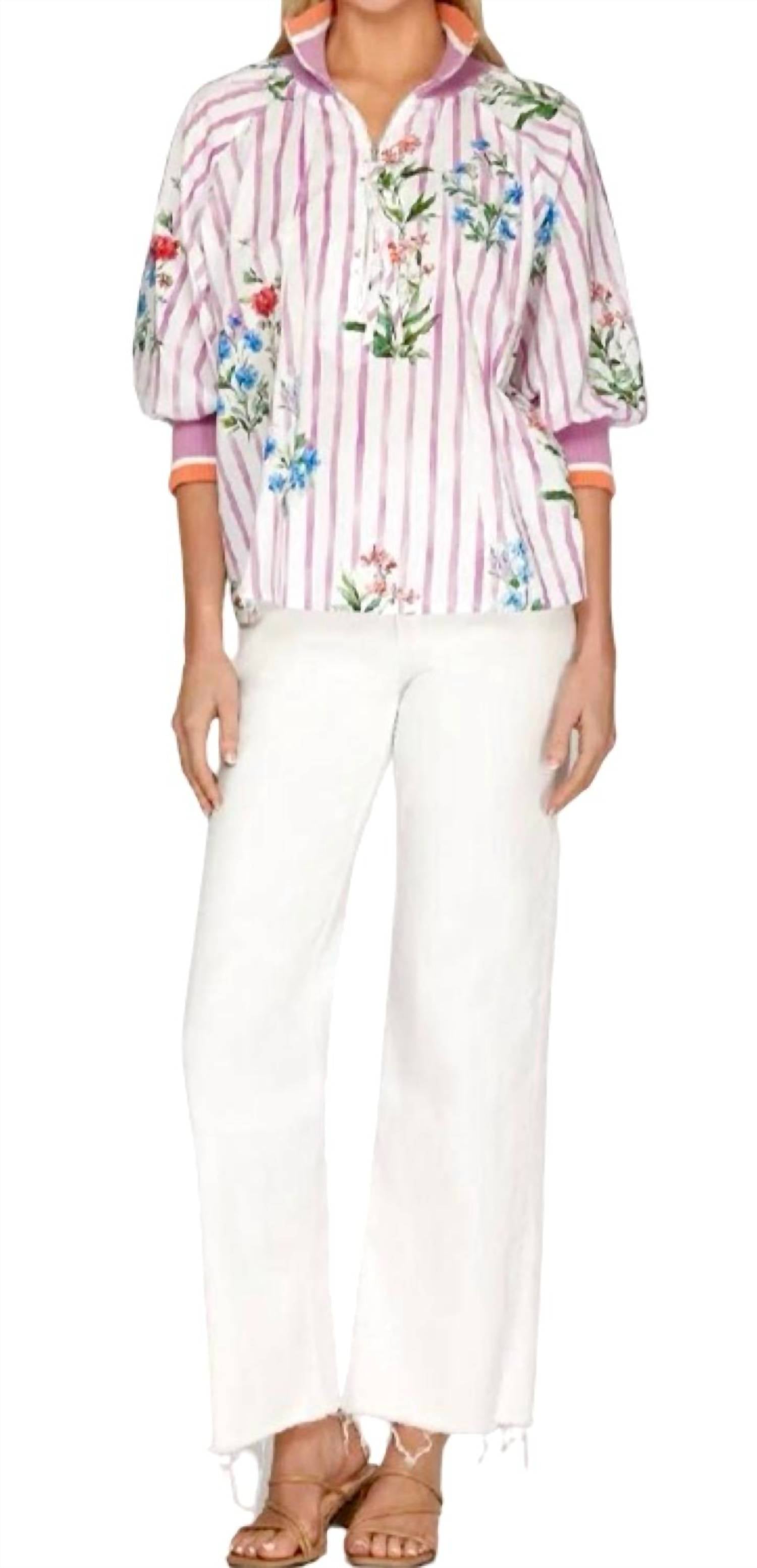 Printed Half Zip Top In Violet Multi