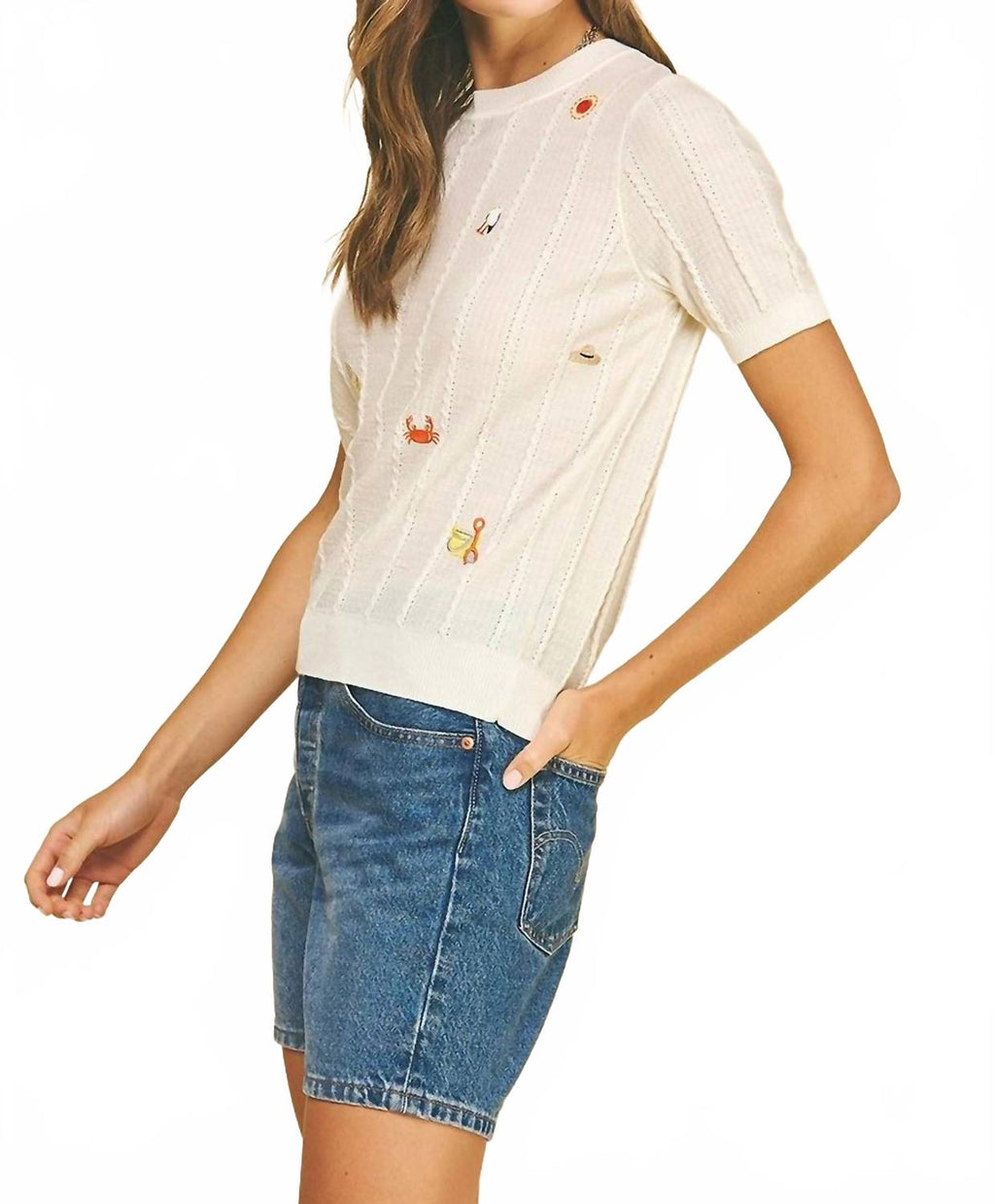 Seaside Embroidered Knit Sweater In White