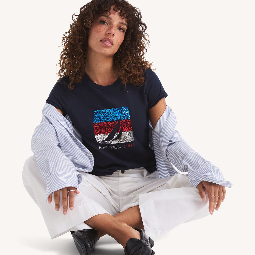 Nautica Womens Sequin Americana Sailing Graphic T-Shirt