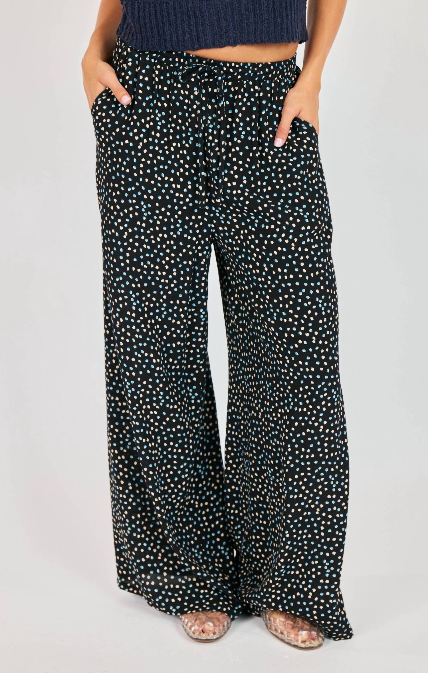 New Romance Wide Leg Polka Dot Drawstring Pants In Blue