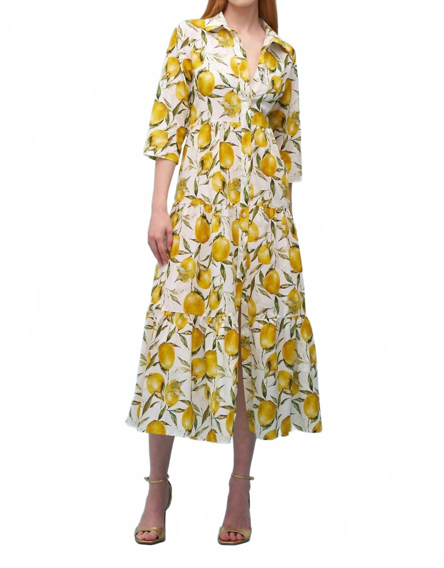 Lemon Print Woven Maxi Dress In White/yellow