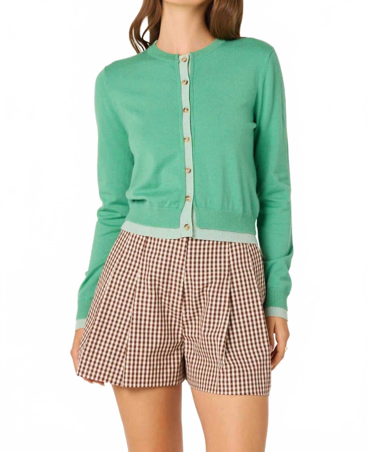 Clovis Color Block Faux Layered Cardigan In Green