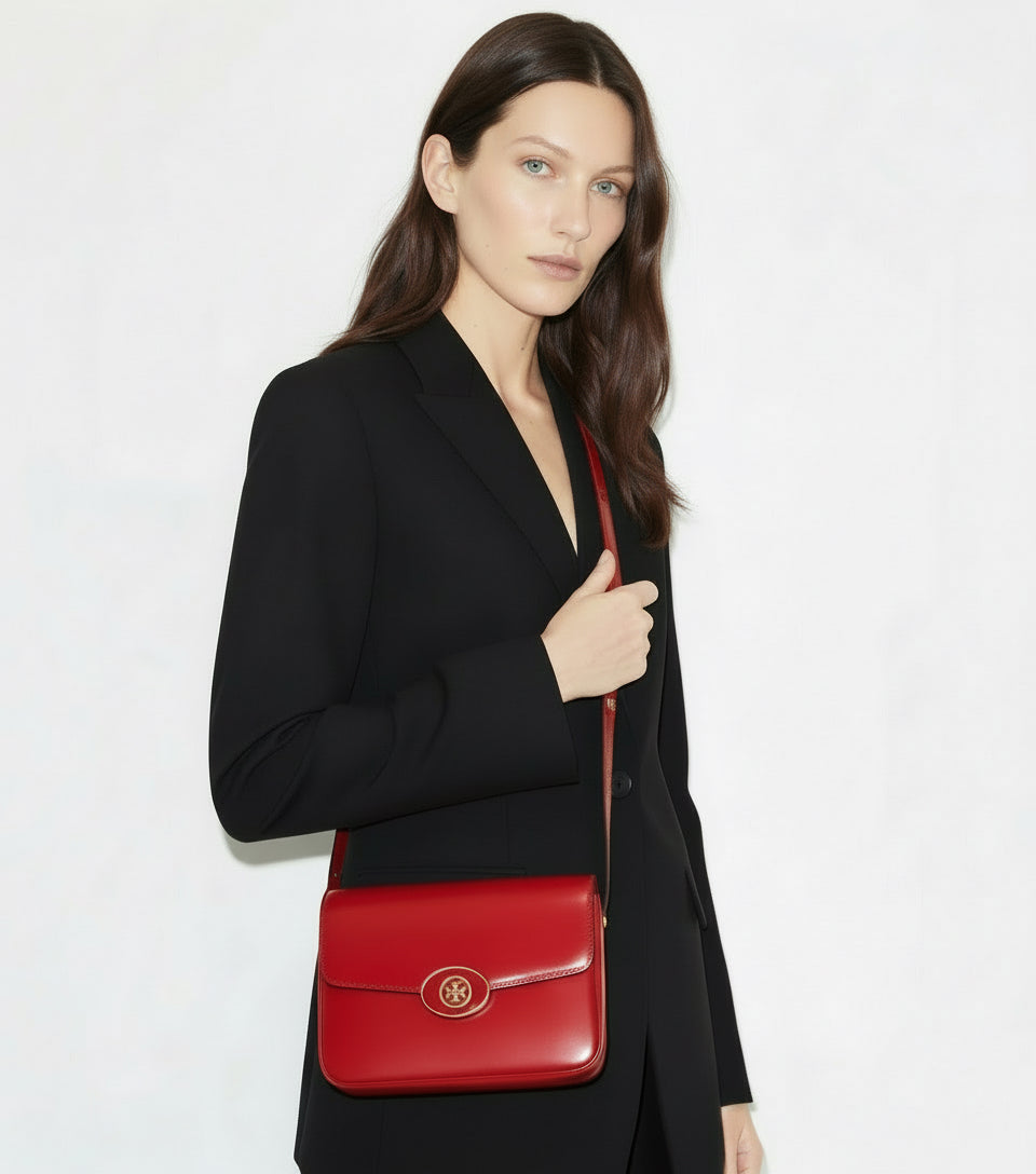 NWT Tory Burch Robinson Spazzolato Convertible Leather Shoulder Bag In Red With Dust Bag