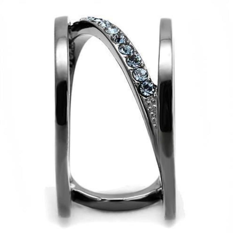 IP Light Black Stainless Steel Ring with Top Grade Crystal in Capri Blue