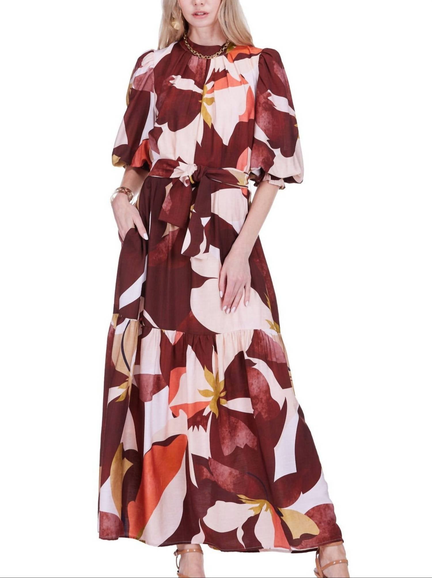 Pleated Neck Maxi Dress In Harvest Rhythm
