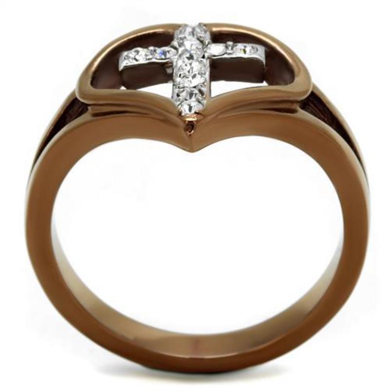 Two Tone IP Light Brown (IP Light coffee) Stainless Steel Ring with Top Grade Crystal in Clear