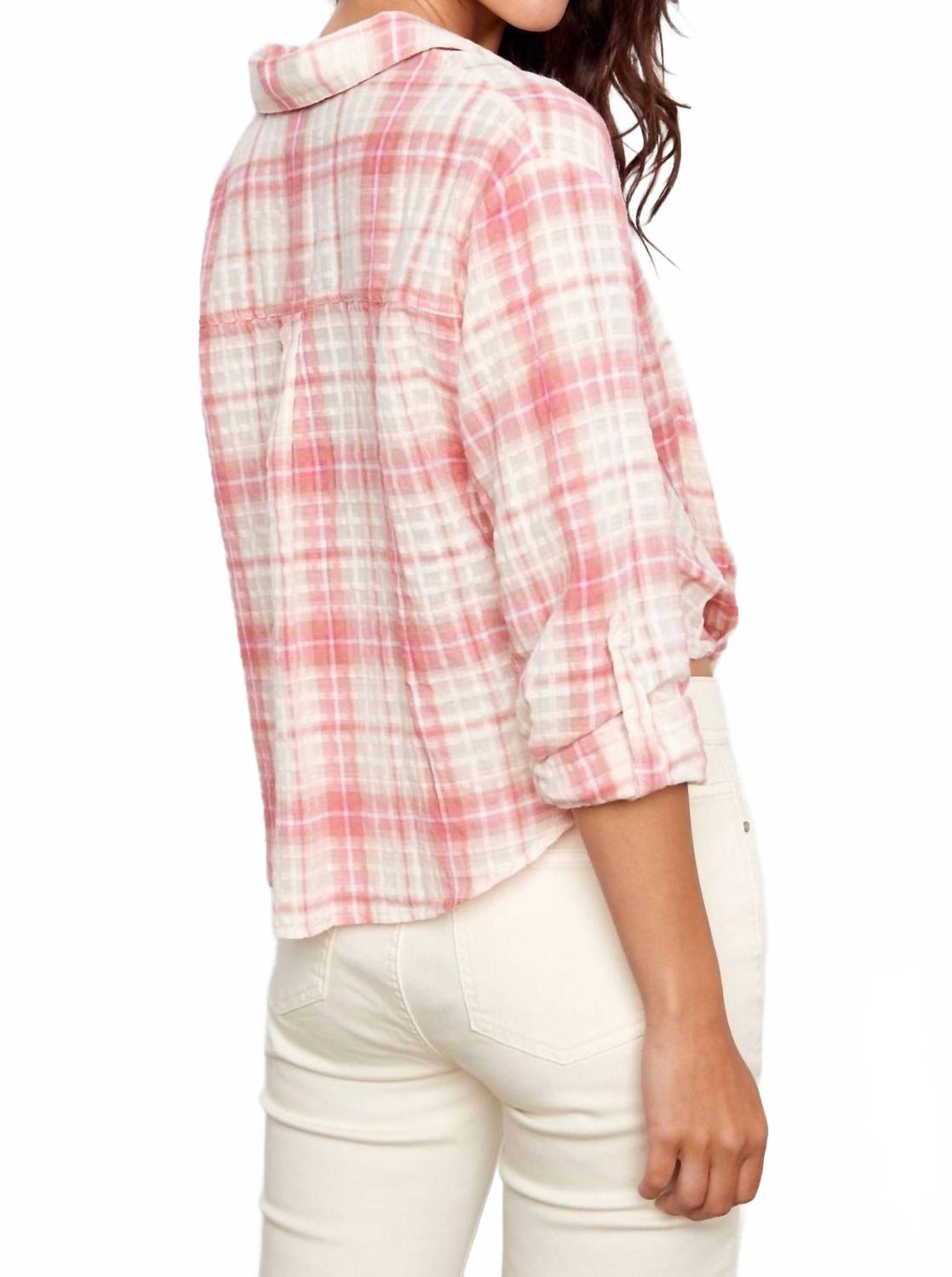 Cotton Twist Front Shirt With Roll Up Long Sleeves In Pink Plaid