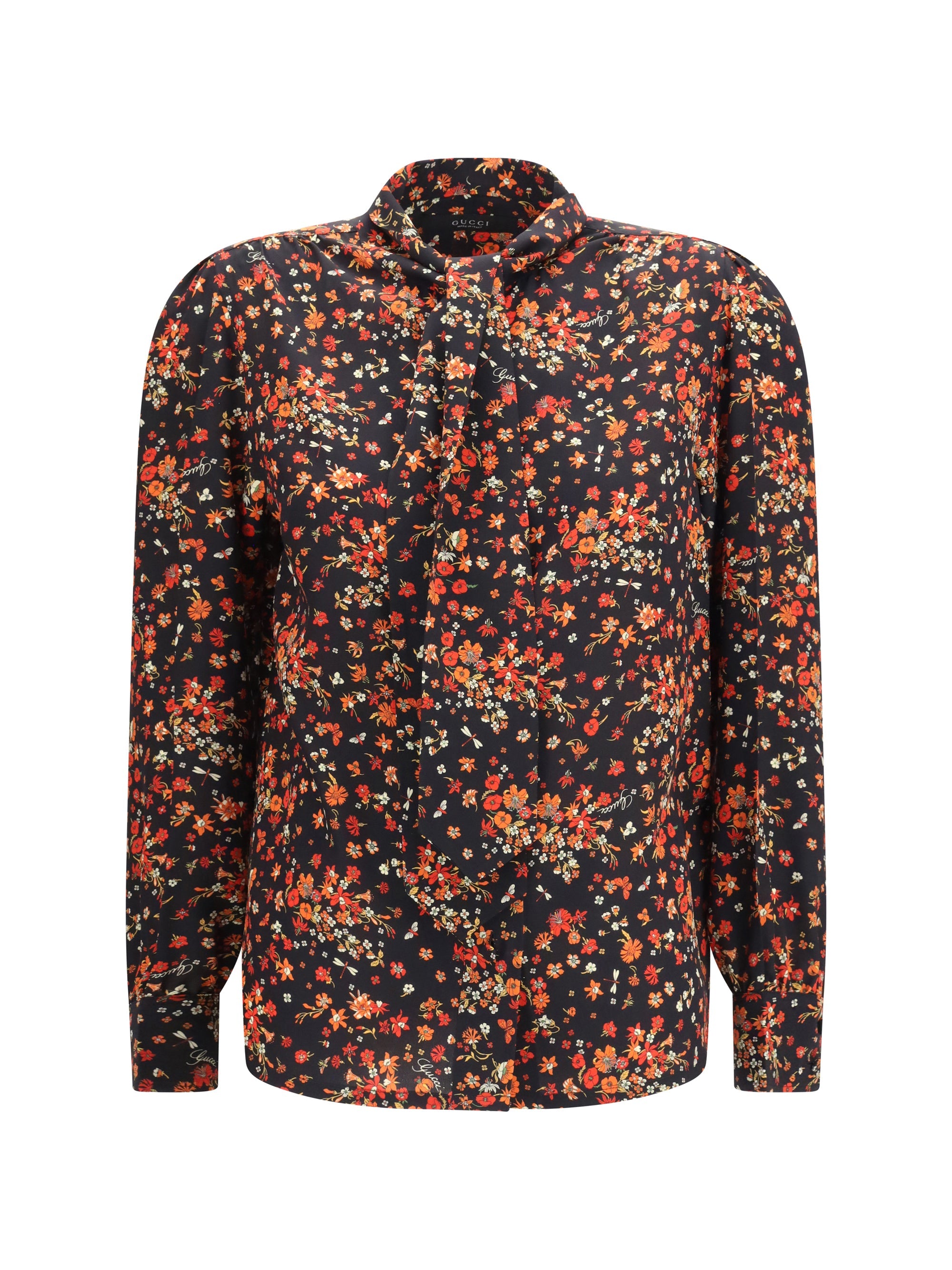 Gucci Women Silk Flora Print Shirt With Neck Bow