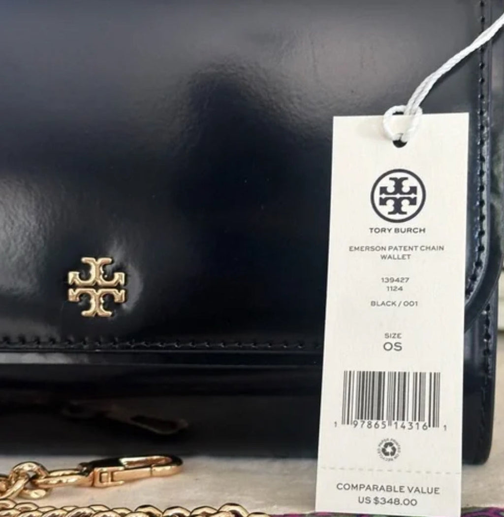 NWT Tory Burch Emerson Patent Leather Chain Wallet/Crossbody bag In Gold/Black