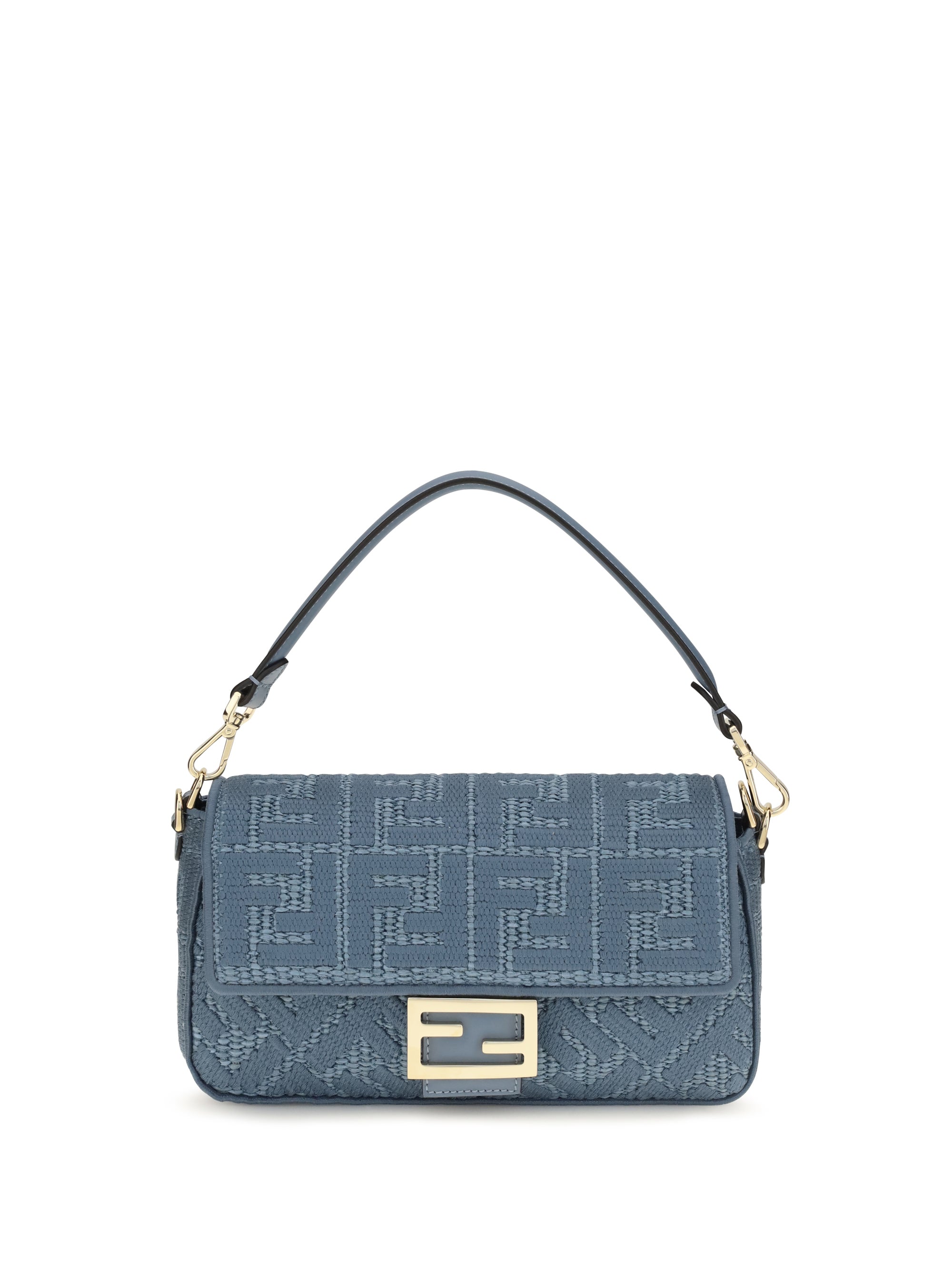 Fendi Women Medium Woven Raffia Shoulder Bag With Ff Embroidery