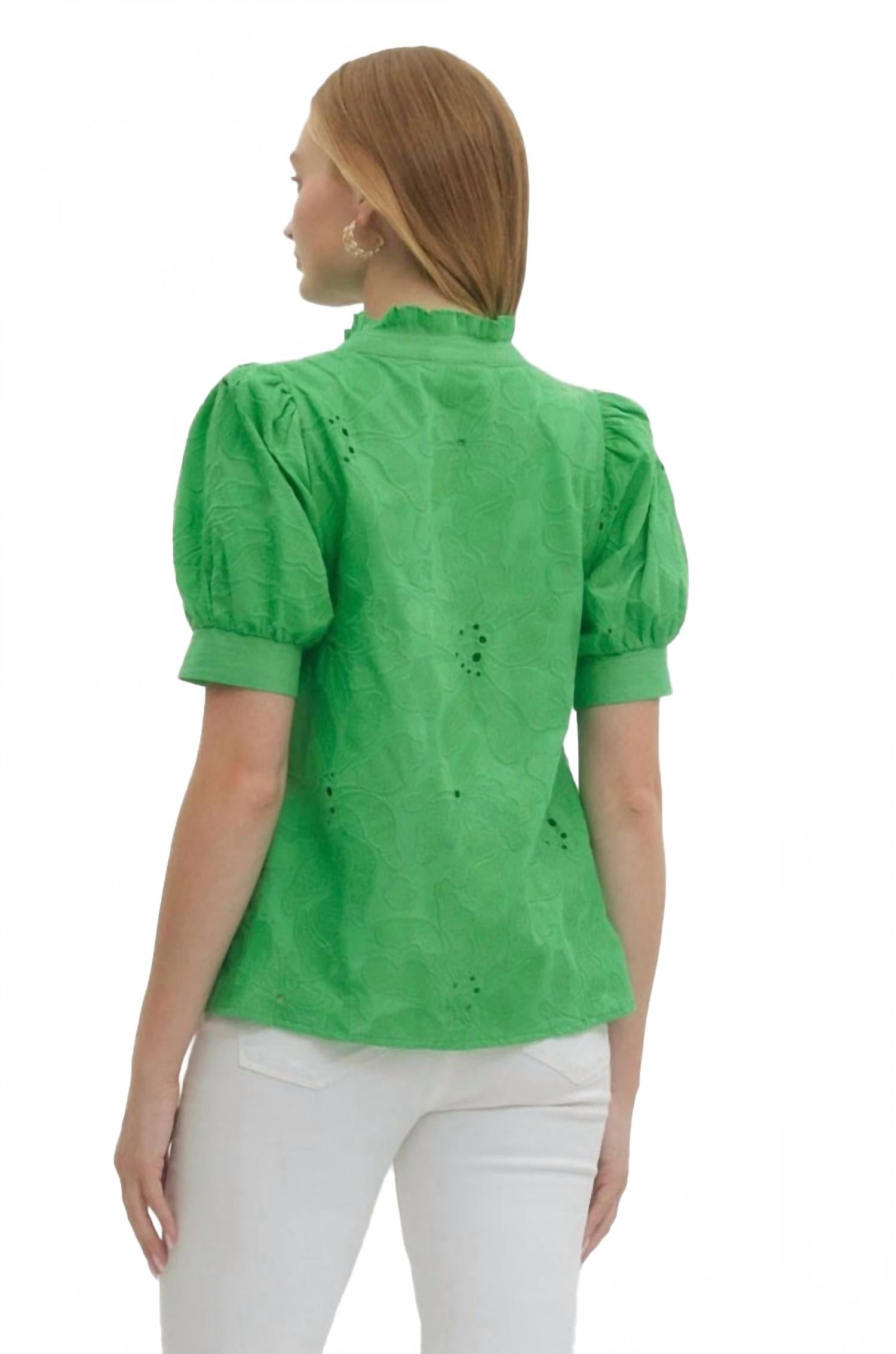 Floral Embroidered V-Neck Puff Sleeve Top In Green
