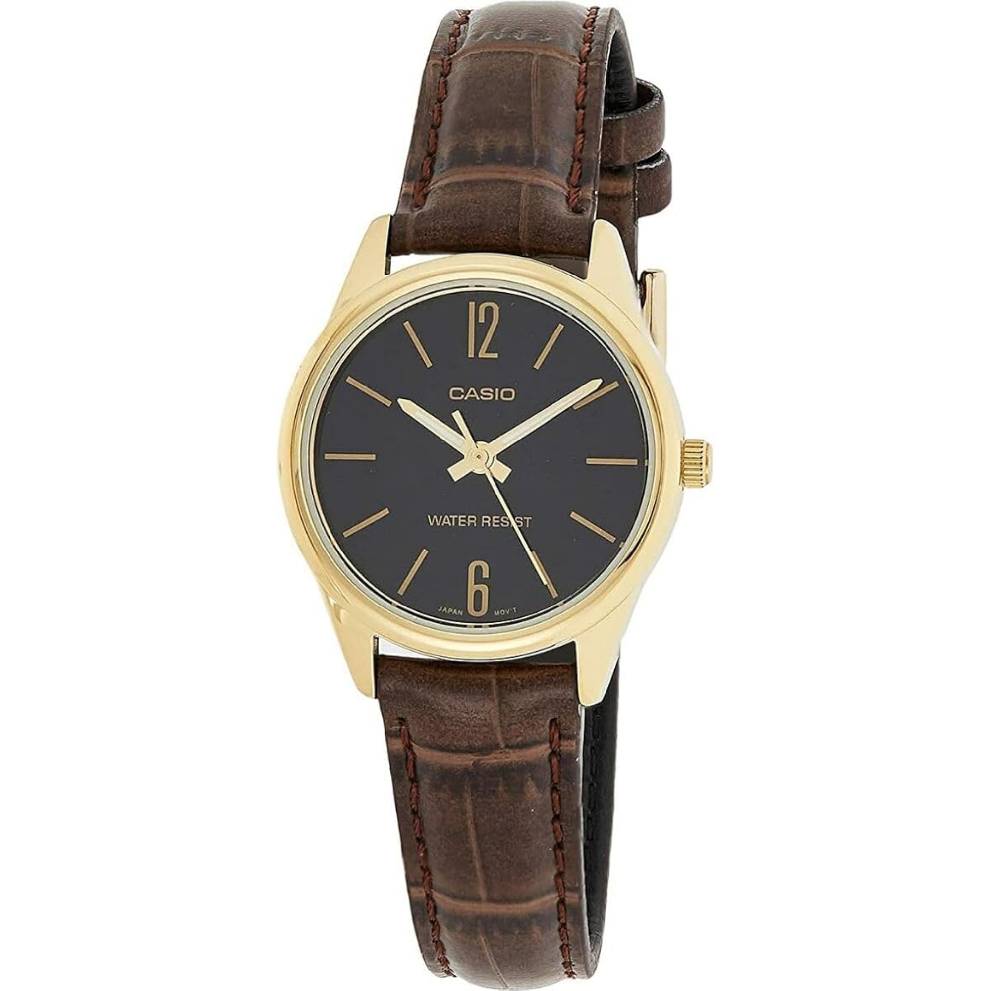 Casio Women’s Gold-Tone Leather Strap Analog Watch Black Dial - LTP-V005GL-9BUDF