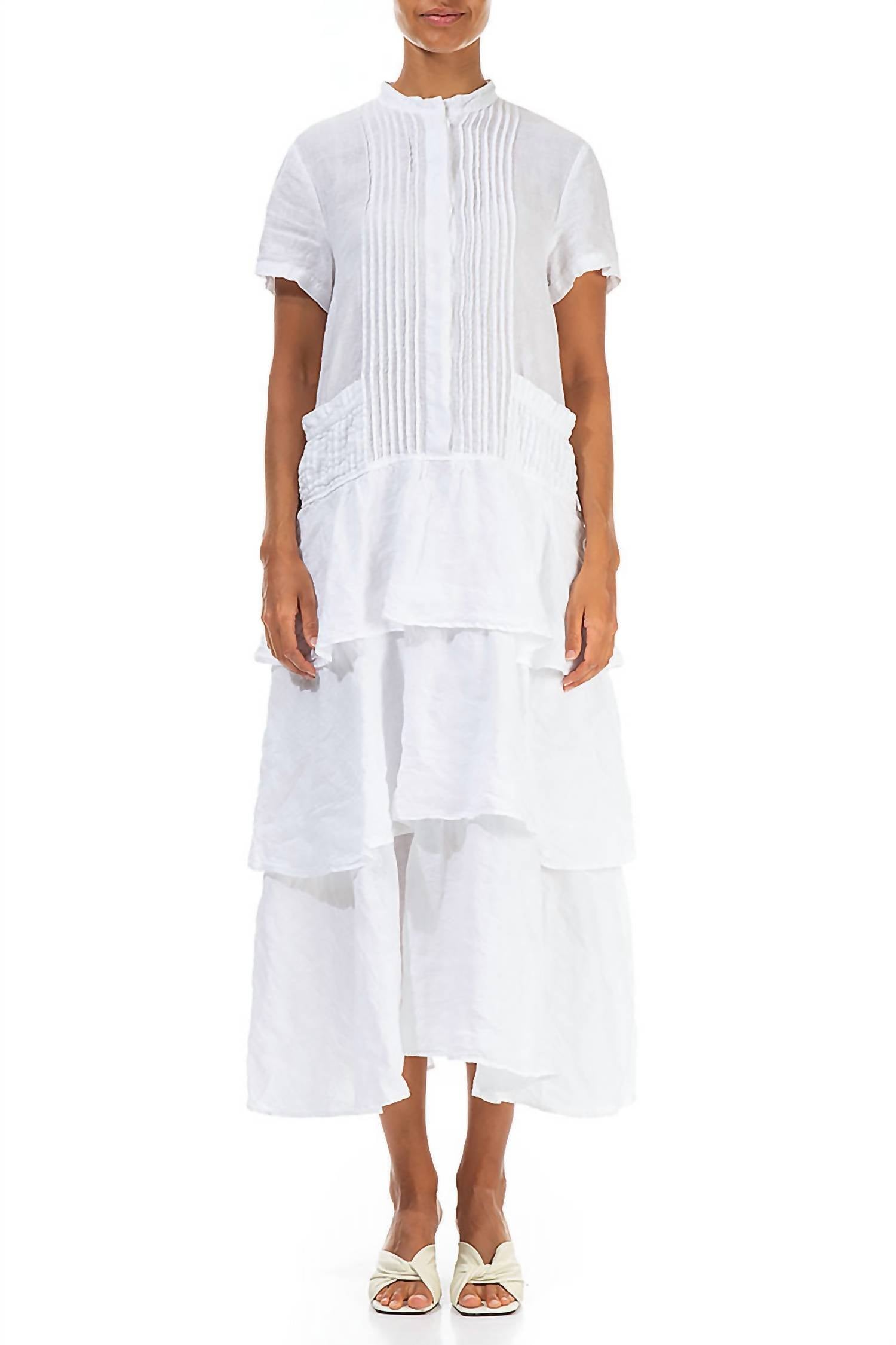 Linen Pleated Front Dress With Tiered Skirt In White