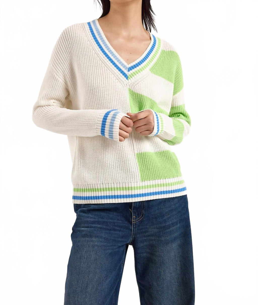 Valerie Stripe V-Neck Sweater In Ivory/green