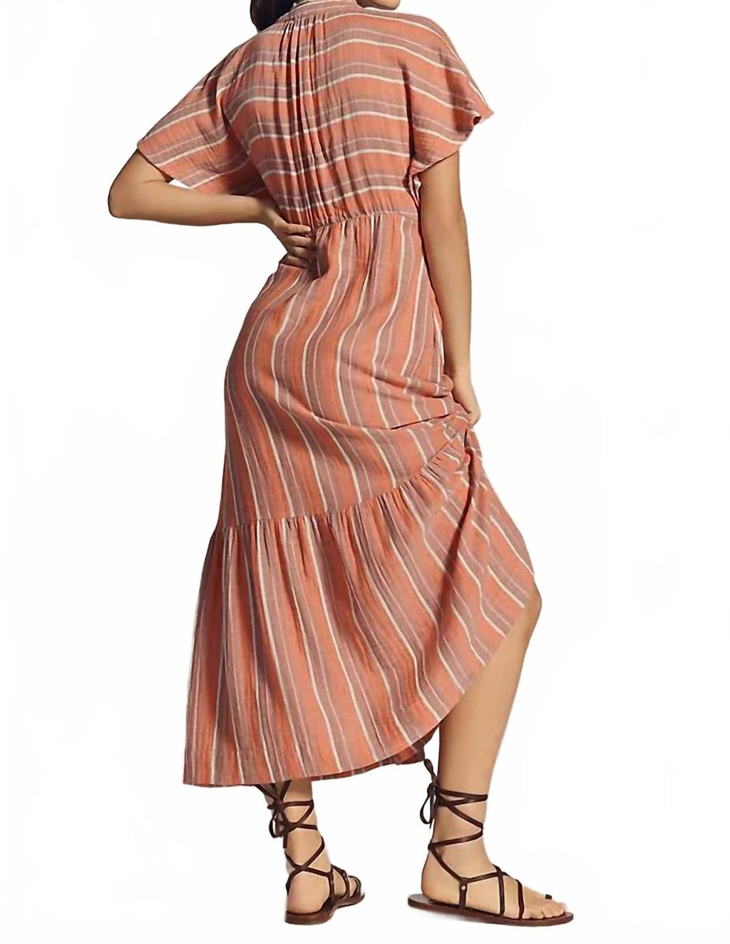 Gauze Stripe Midi Dress In Bright Coral