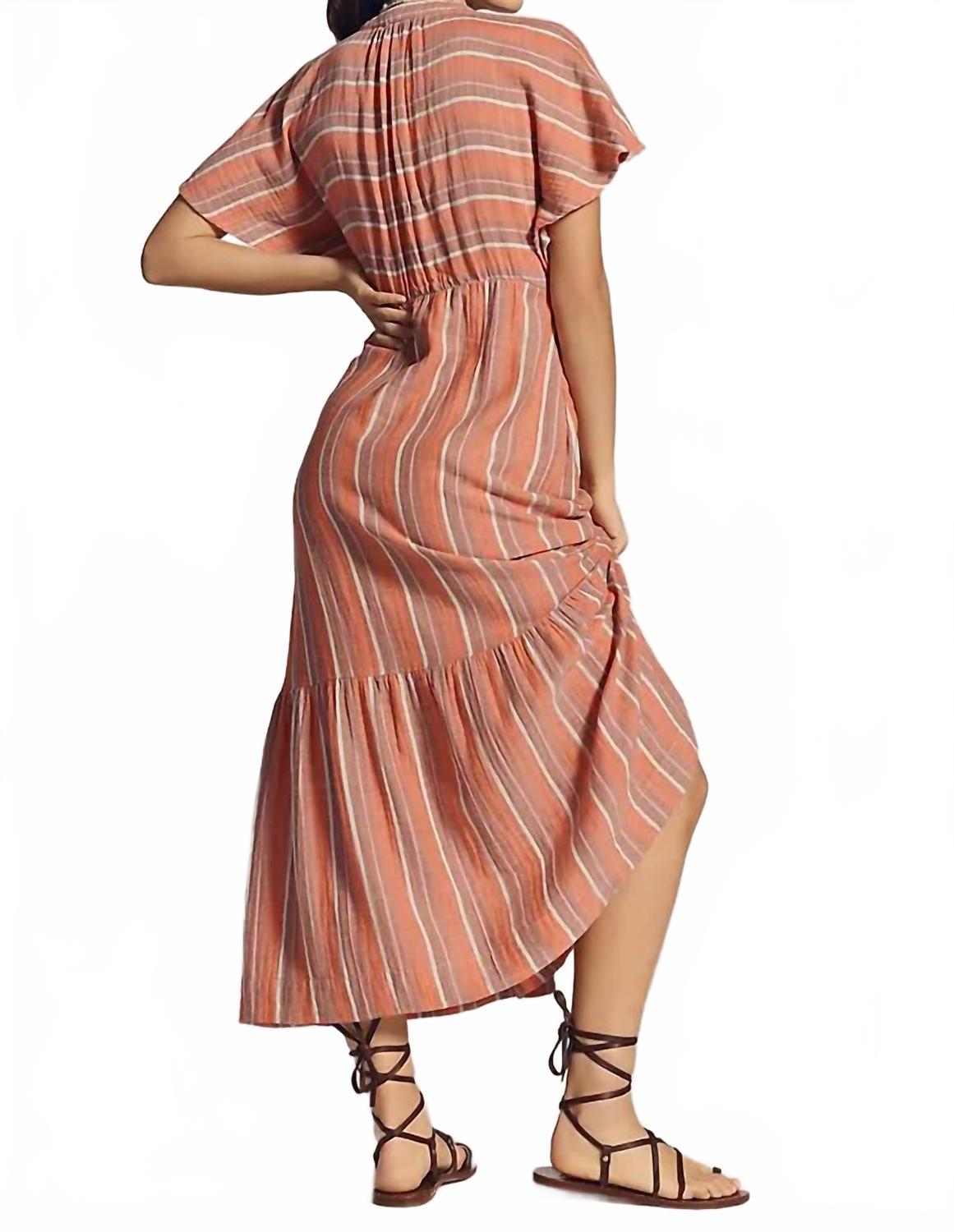 Gauze Stripe Midi Dress In Bright Coral