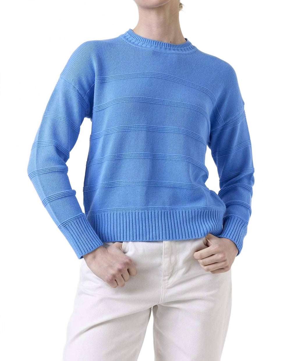 Tilly Textured Stripe Crew Top In Tranquil Blue