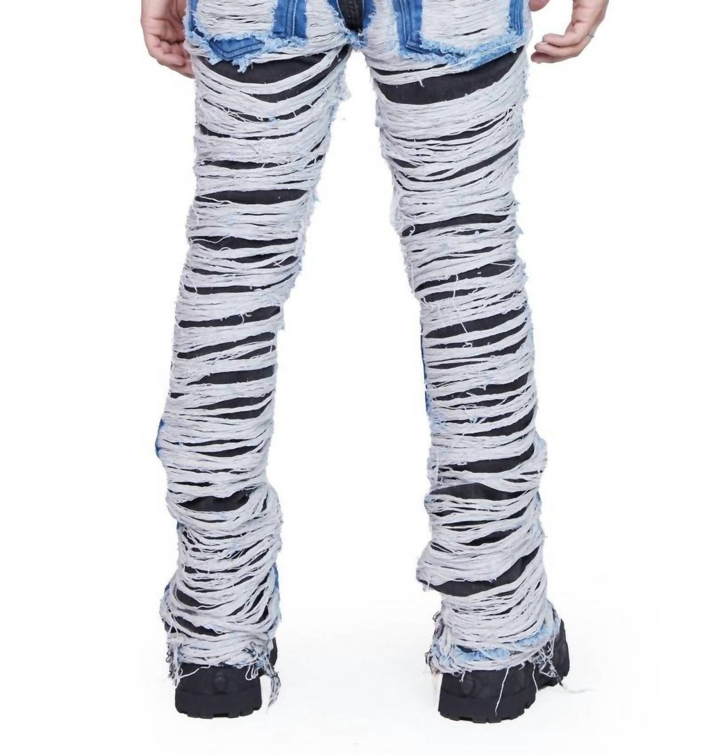 Men's Ravaged Stacked Flare Jean In Black Blue