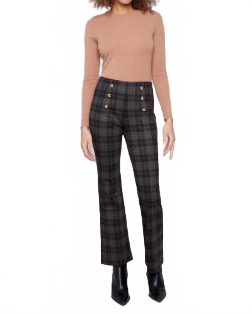 Flare Plaid Pants With Decorative Buttons In Roman