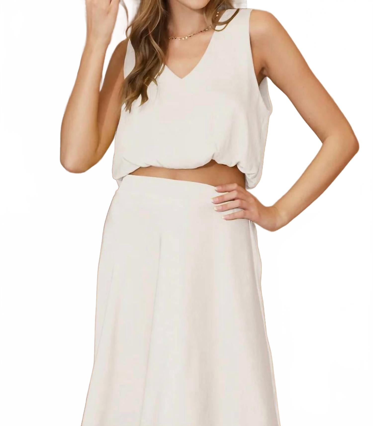 V-Neck Washed Satin Bubble Hem Top In Ivory