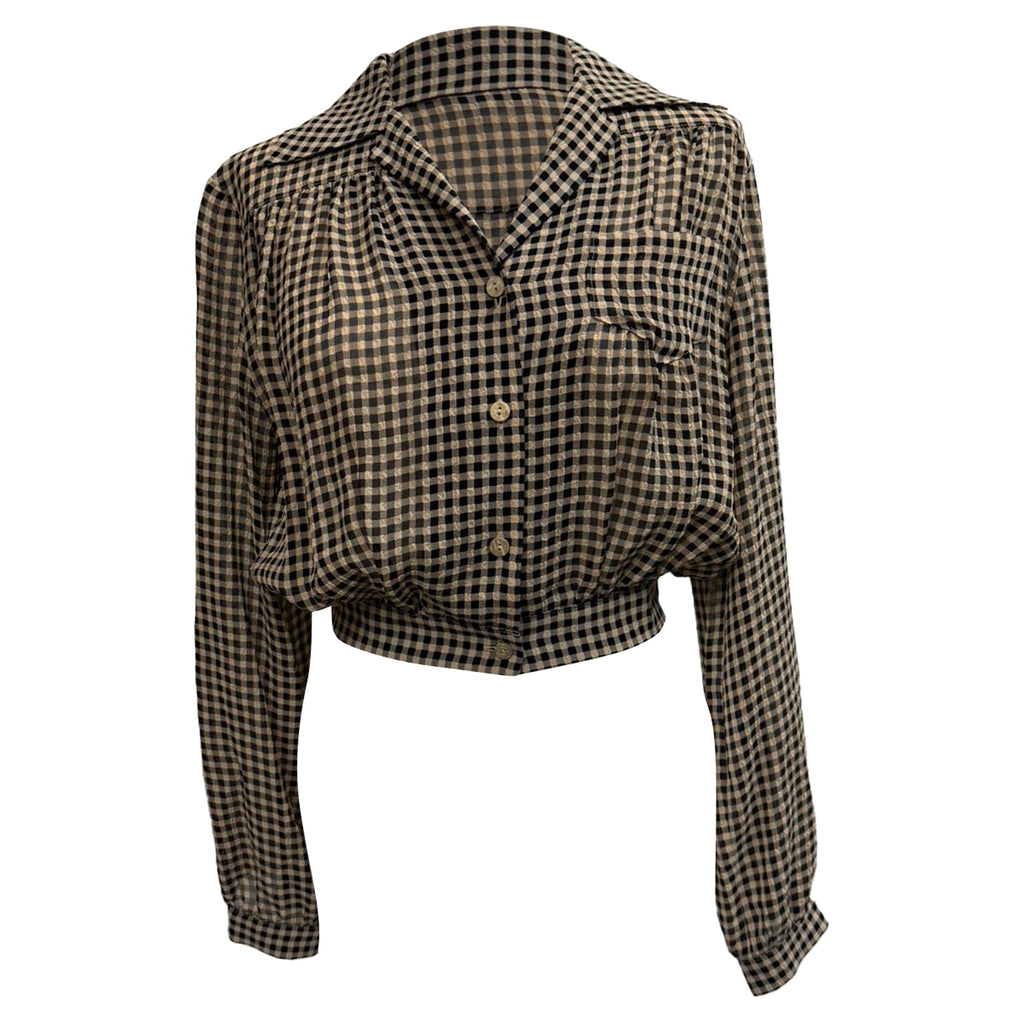 Nanushka Tahnee Checked Cropped Blouse in Beige Viscose