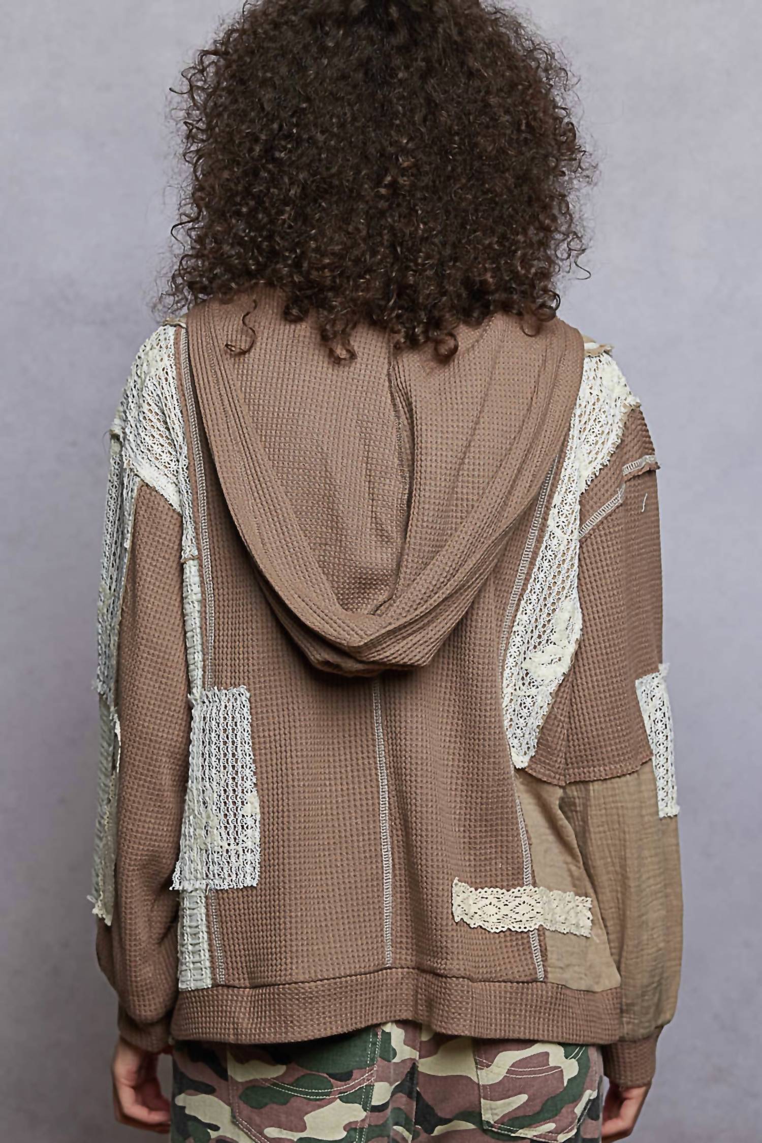 Oversize Lace Print Waffle Knit Button Up Top In Mocha
