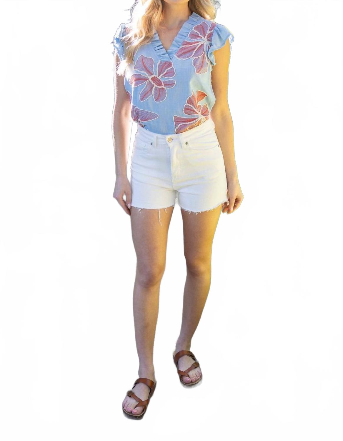 Applique Floral Ruffle Top In Blue