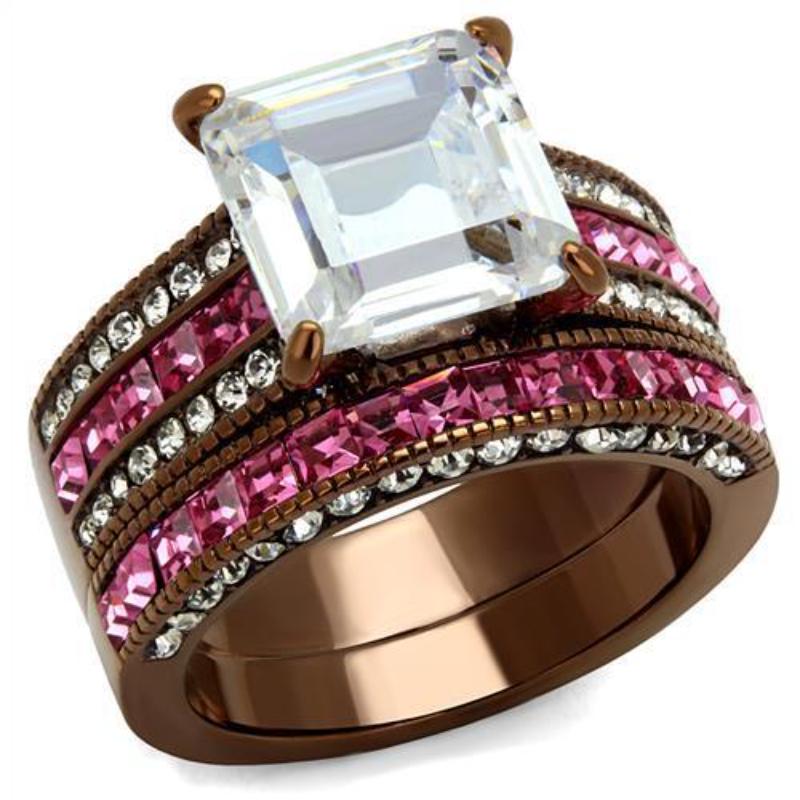 IP Coffee light Stainless Steel Ring with AAA Grade CZ in Clear