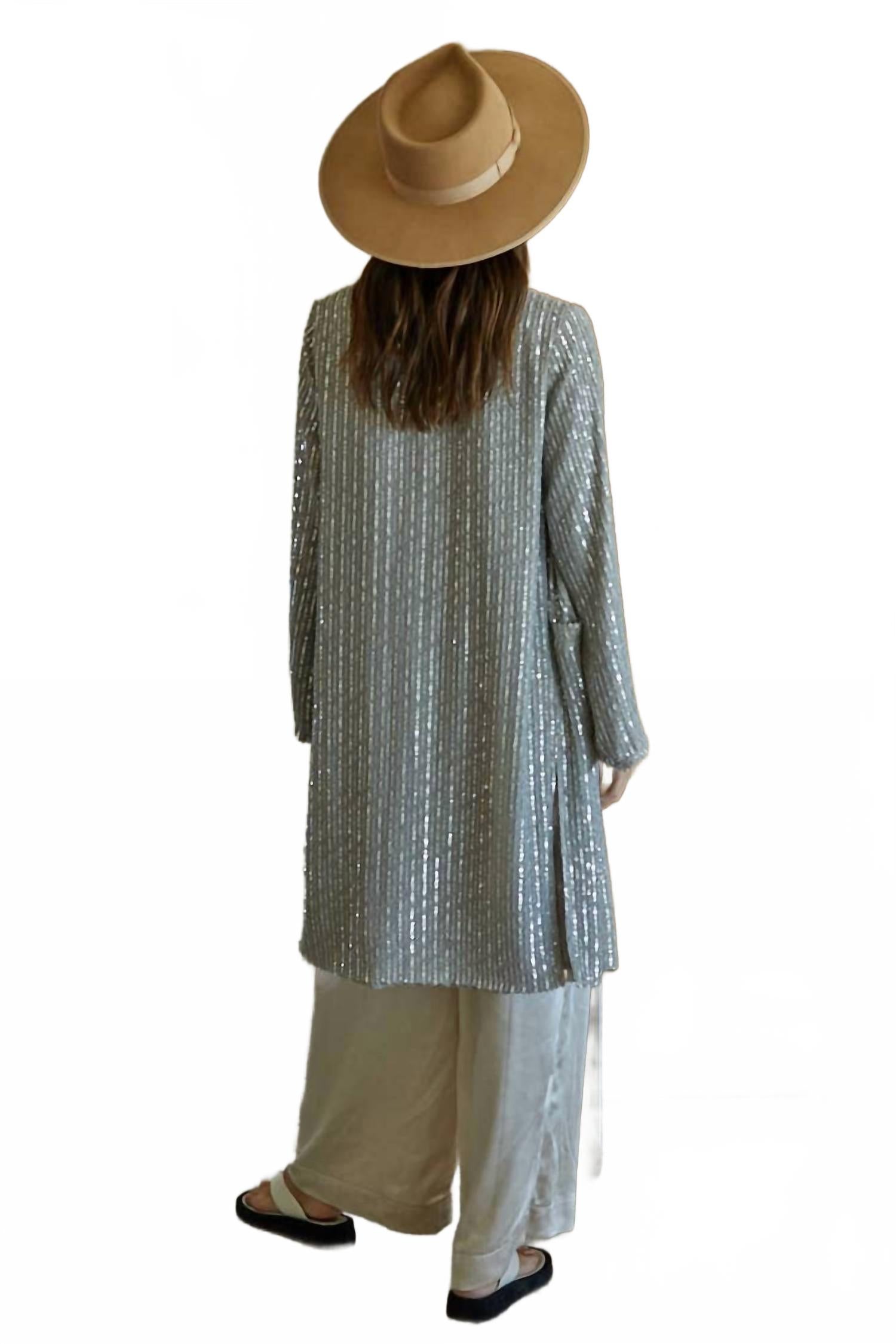 Woven Sequin Open Front Cardigan In Dove Grey