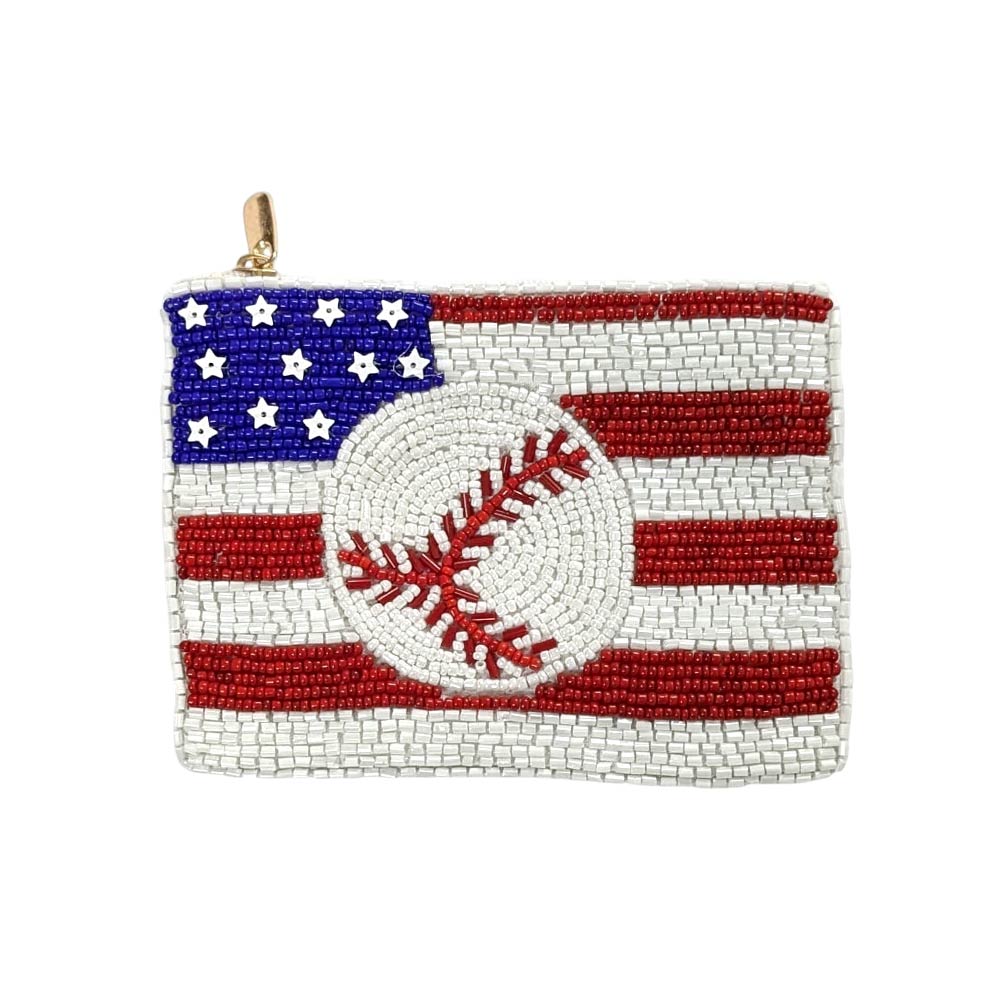 American USA Flag Baseball Seed Beaded Mini Pouch Bag