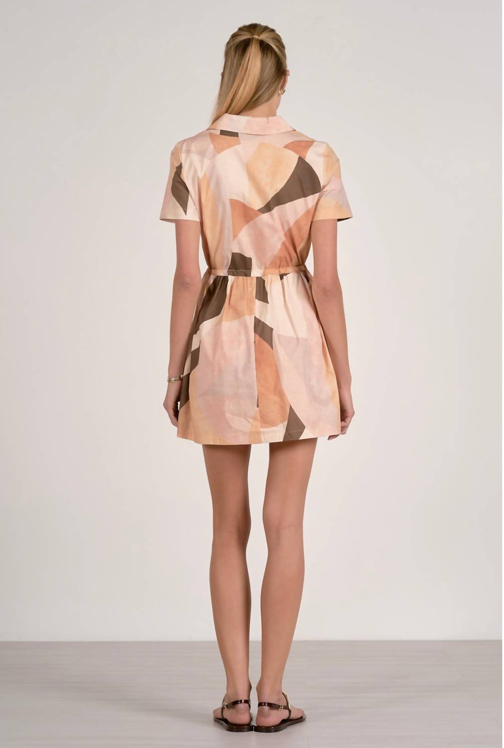 Collar Short Sleeve Drawstring Waist Zip Front Dress In Neutral Prism