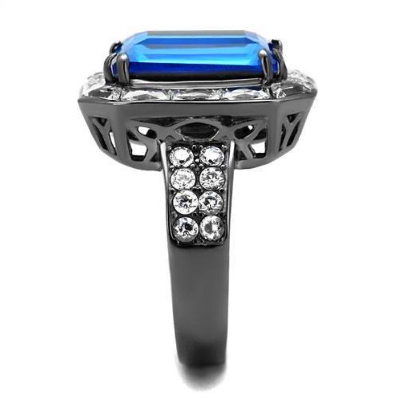 IP Light Black Stainless Steel Ring with Top Grade Crystal in Capri Blue