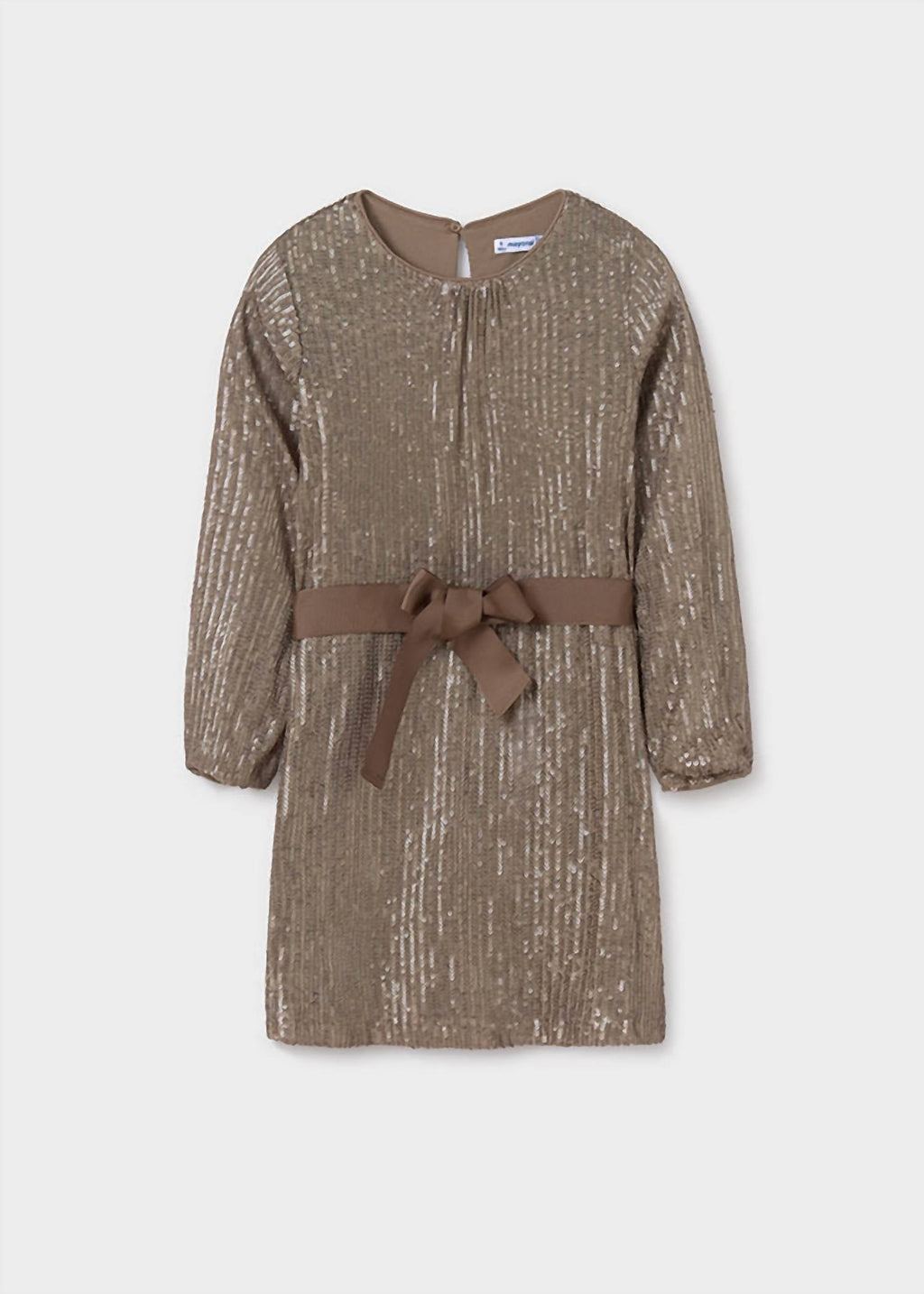 Girls Sequin Dress With Belt In Beige