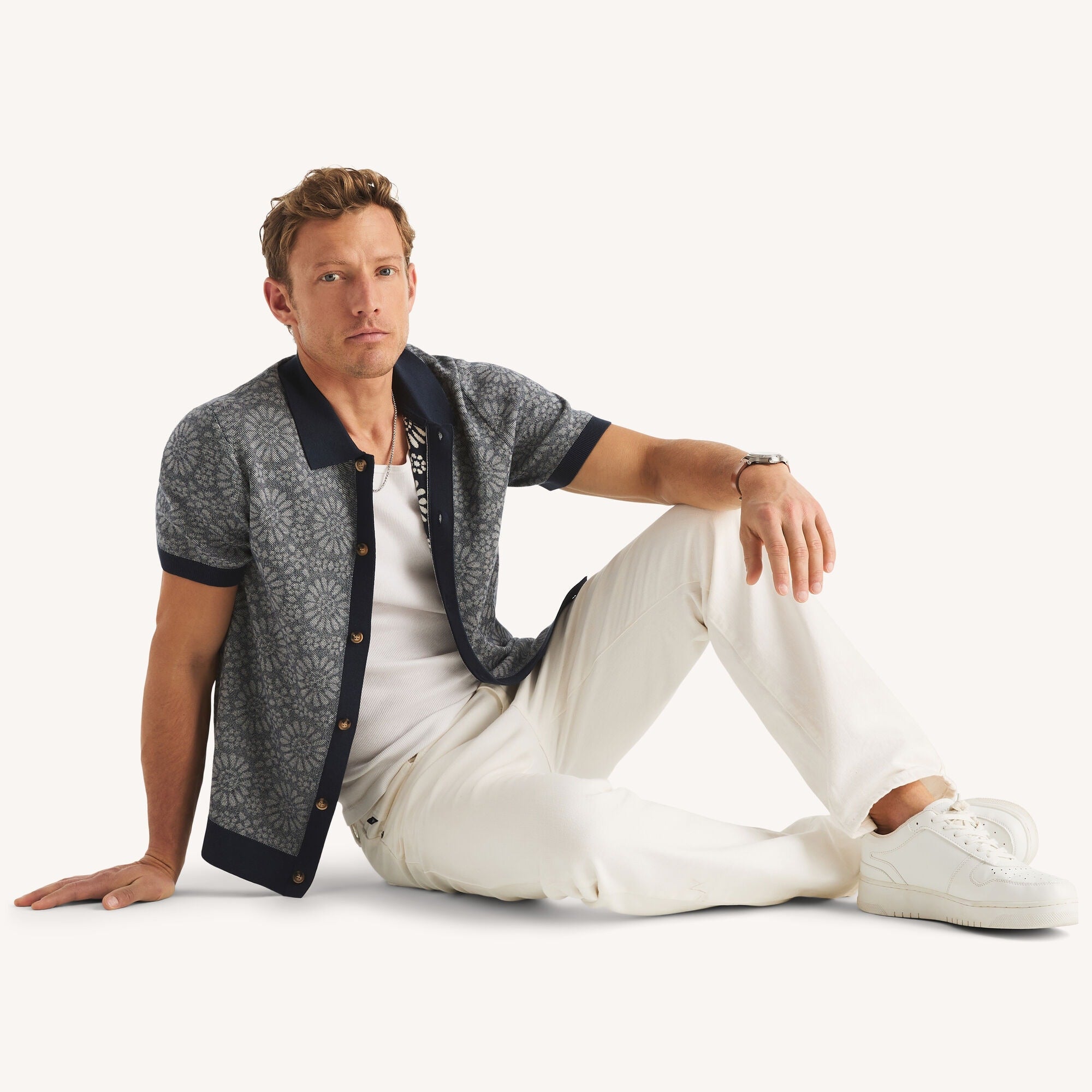 Nautica Mens Jacquard Button-Front Sweater Polo