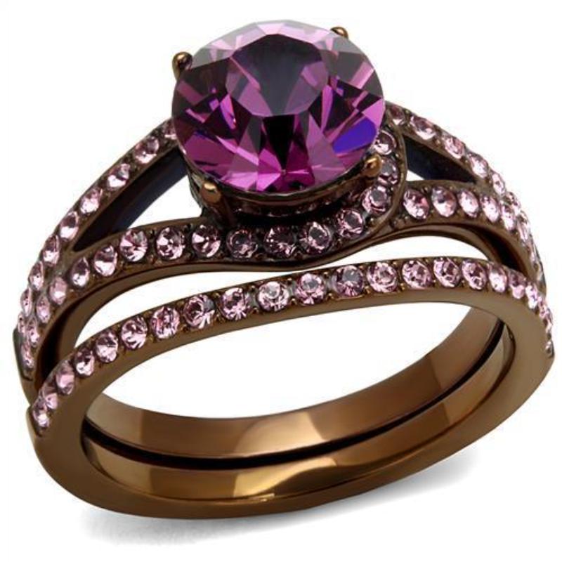 IP Coffee light Stainless Steel Ring with Top Grade Crystal in Amethyst