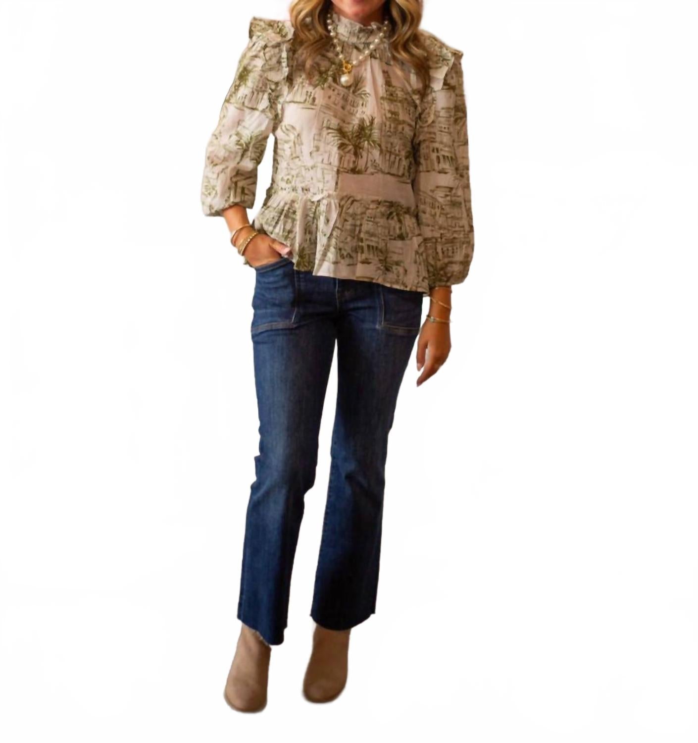 Kelsey High Rise Flare Front Pockets Inset Raw Hem Jean In Precocious