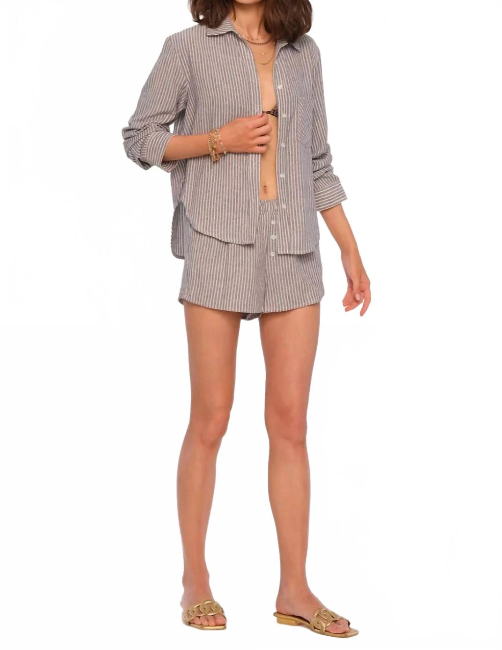 Cliff Striped Button Down And Short Set In Grey
