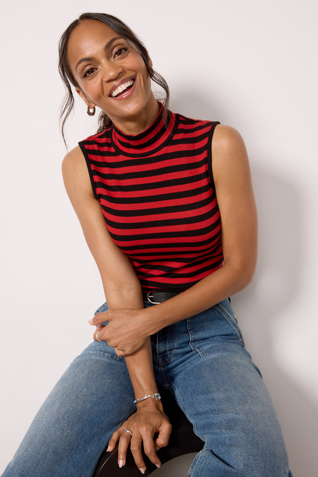 Women's Essential Stripe Sleeveless Mock Neck Top
